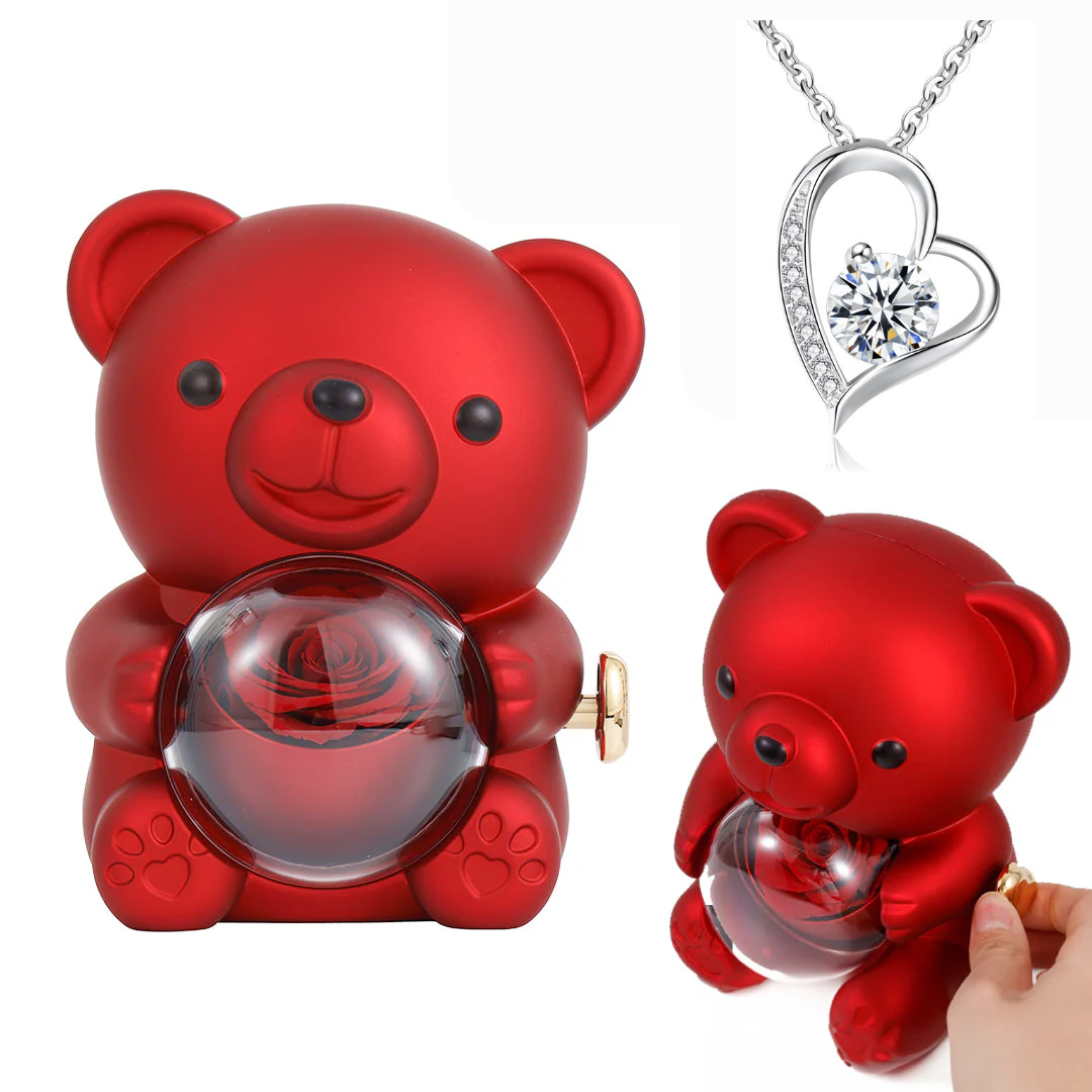 Regalo para mi Mamá - Collar corazón con caja de regalo con osito y rosa real