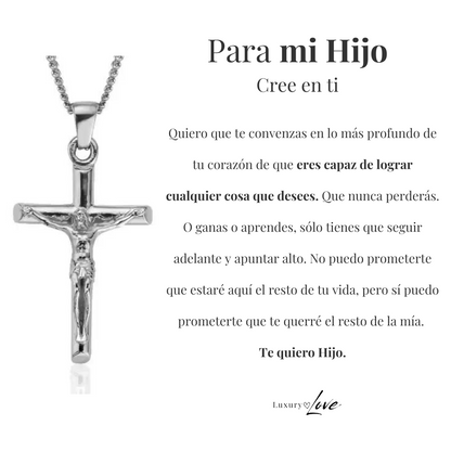 Collar Cruz® - Para mi Hijo (con nota dedicada y caja de madera con luz)