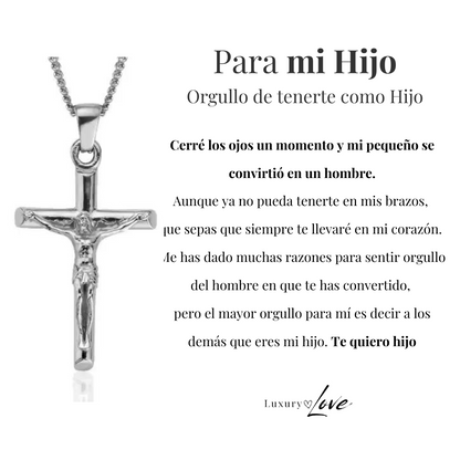 Collar Cruz® - Para mi Hijo (con nota dedicada y caja de madera con luz)