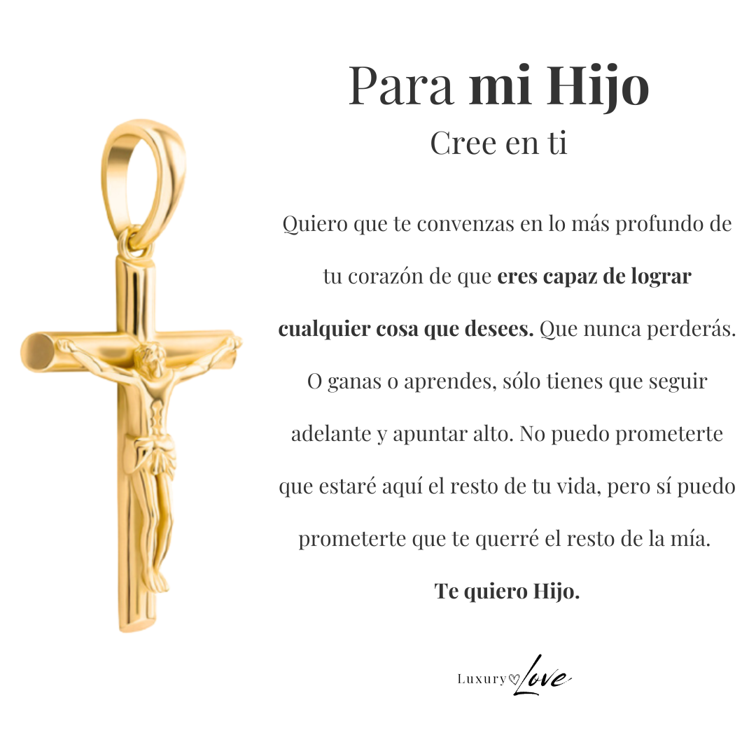 Collar Cruz® - Para mi Hijo (con nota dedicada y caja de madera con luz)
