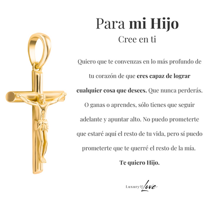 Collar Cruz® - Para mi Hijo (con nota dedicada y caja de madera con luz)